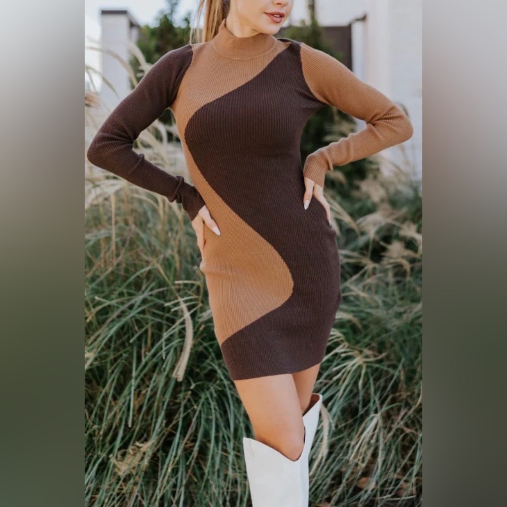 Colorblock knit ribbed mini dress. Long sleeves, semi-open back. Tan, brown. S